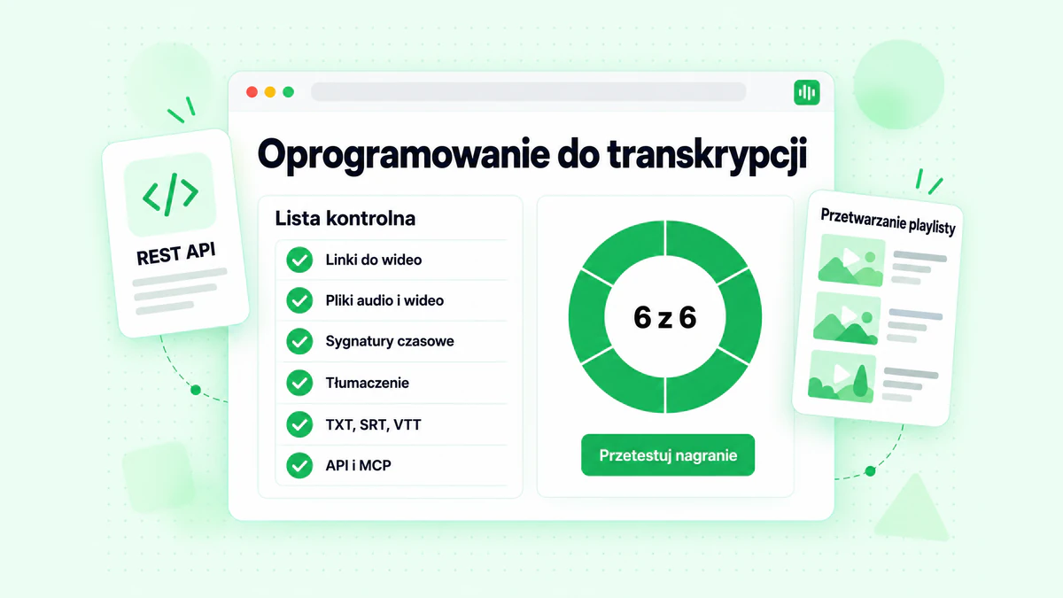 Lista kontrolna oprogramowania do transkrypcji: źródła, formaty plików, sygnatury czasowe, języki, opcje eksportu i dostęp do API