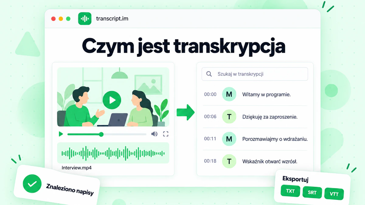 Infografika wyjaśniająca transkrypcję: nagranie wywiadu zamienione w przeszukiwalny transkrypt