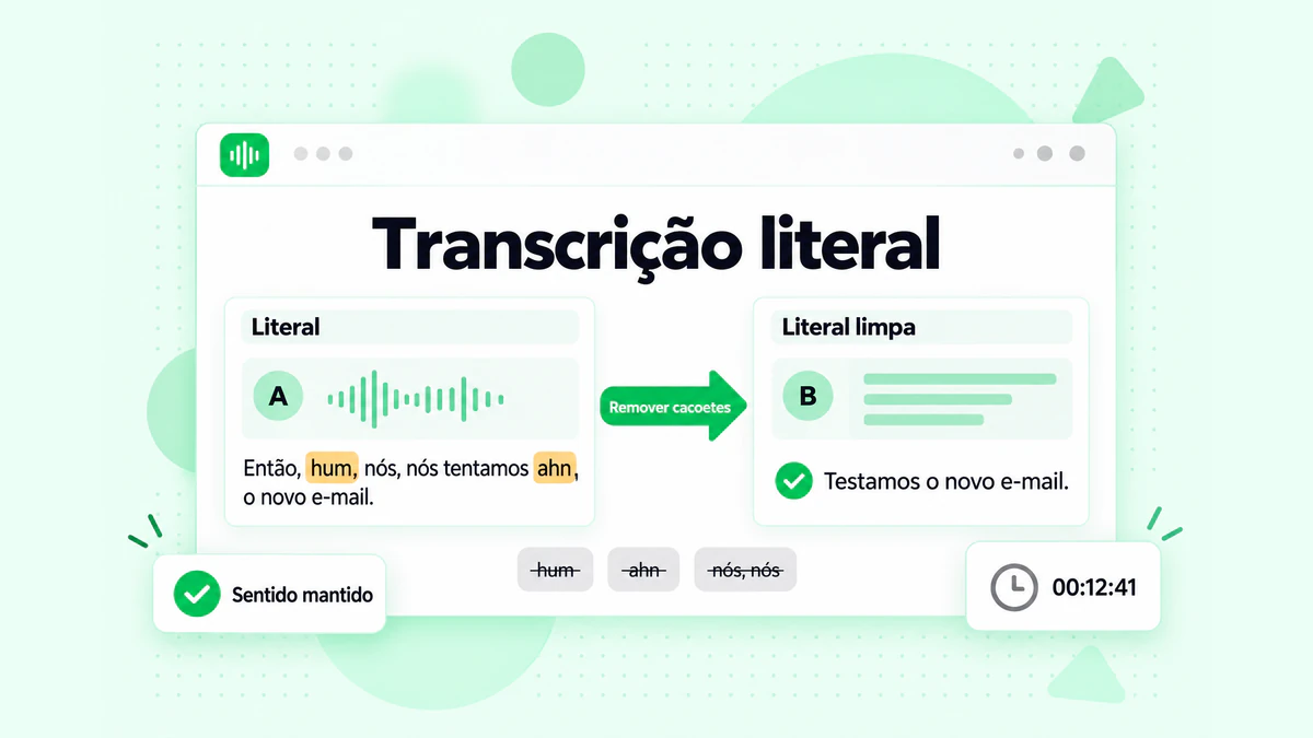 Transcrição literal comparada à literal limpa: a mesma frase com cacoetes e falsos começos, seguida da versão limpa