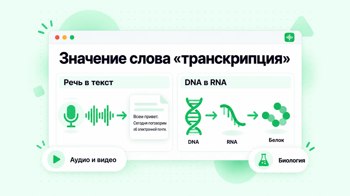 Значение слова «транскрипция»: на одной панели речь превращается в письменный текст, на второй DNA копируется в RNA