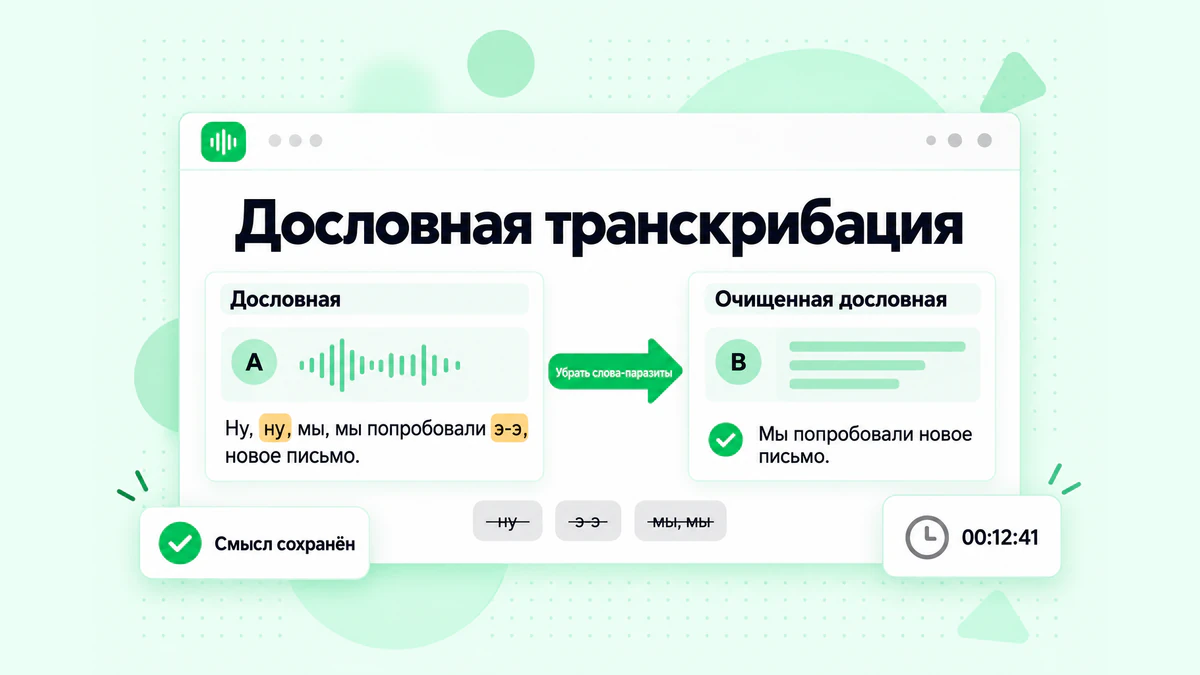 Сравнение дословной и очищенной дословной транскрибации: одно и то же предложение со словами-паразитами и ложными началами, а затем очищенная версия