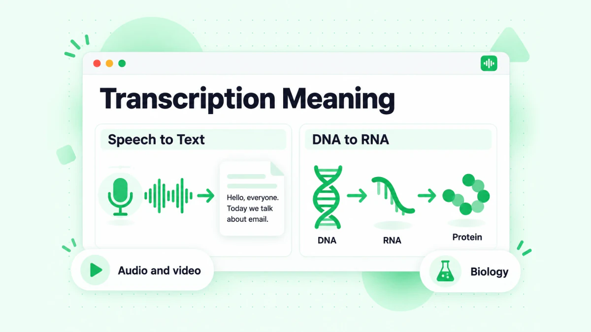 Transcription meaning: one panel shows speech turned into written text, a second panel shows DNA copied into RNA