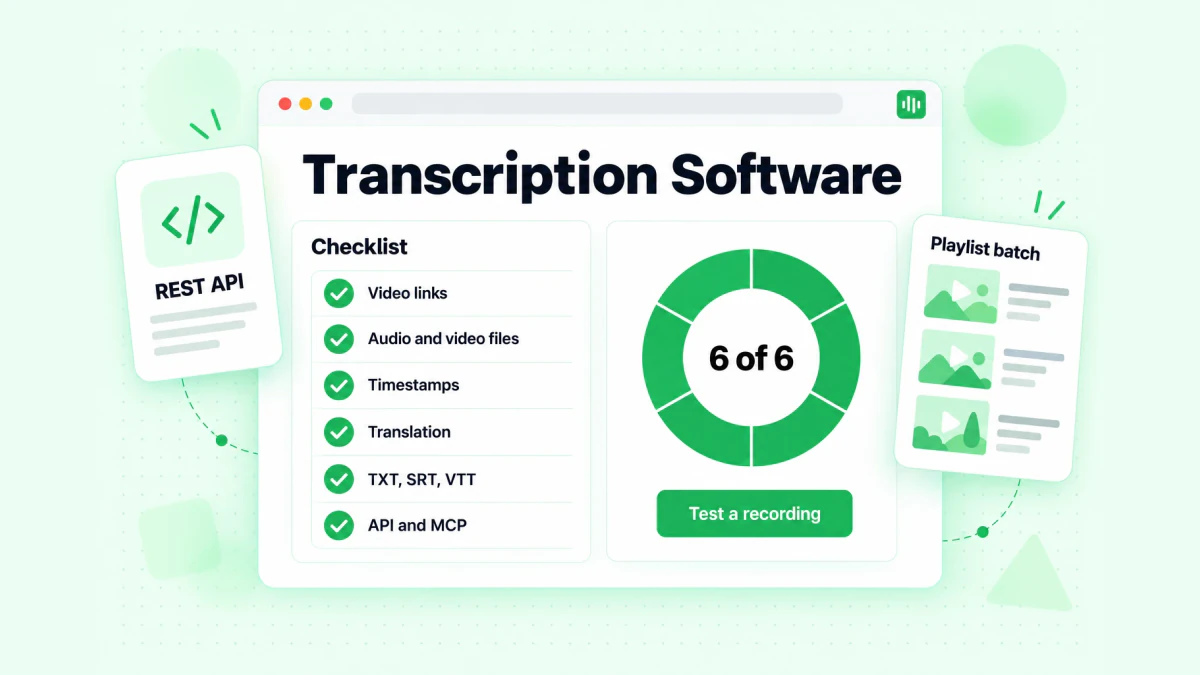 Transcription software checklist: sources, file formats, timestamps, languages, export options and API access