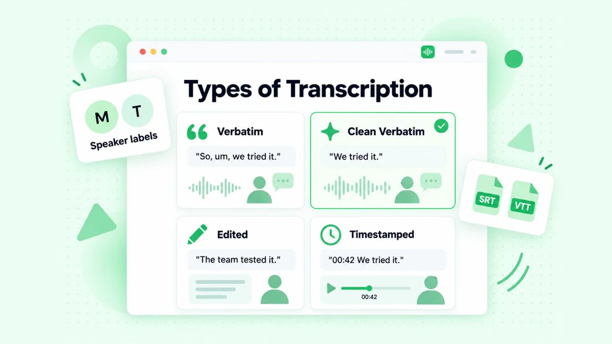 Types of transcription: four cards for verbatim, clean verbatim, edited and timestamped transcription