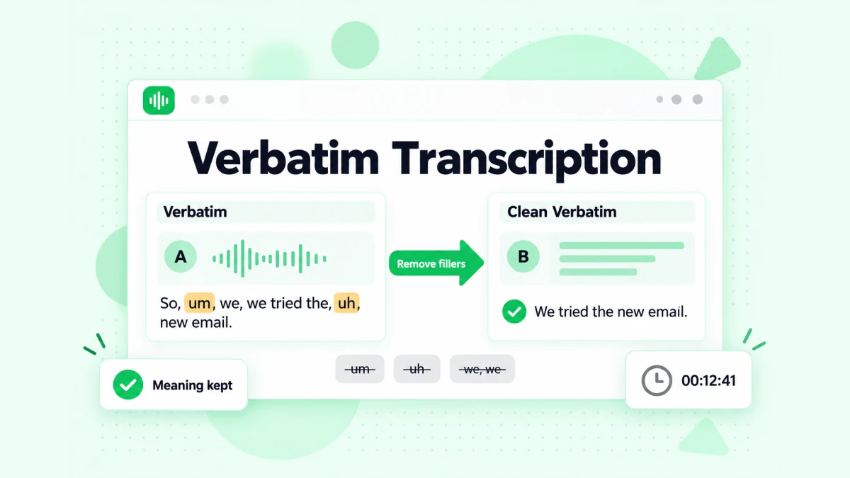 Verbatim transcription compared with clean verbatim: the same sentence with fillers and false starts, then the cleaned version