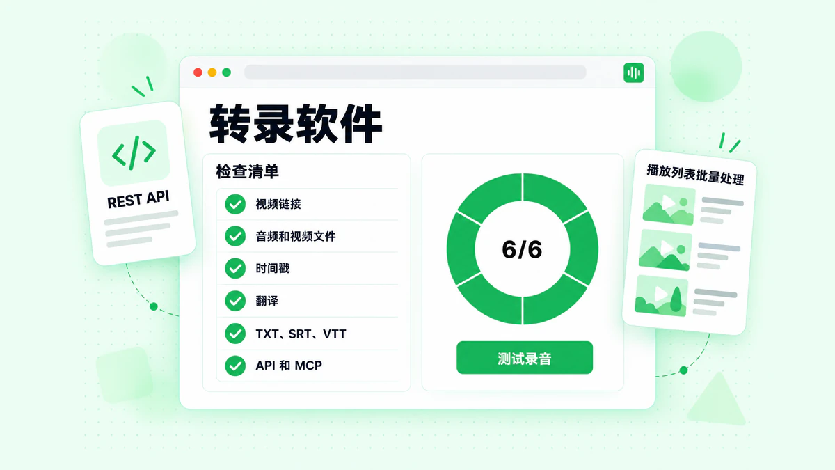 转录软件检查清单:来源、文件格式、时间戳、语言、导出选项和 API 访问