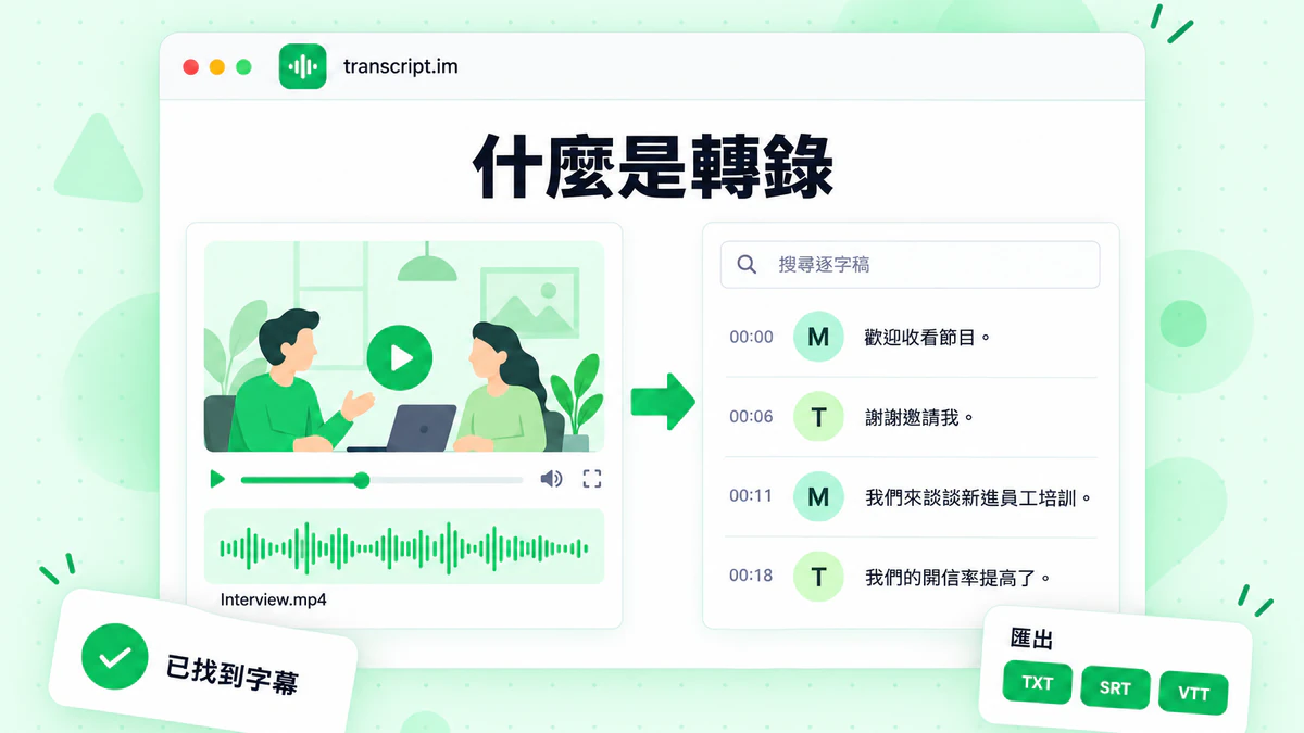 什麼是轉錄:將錄音轉換成包含時間戳記、說話者交替、匯出格式與搜尋列的逐字稿