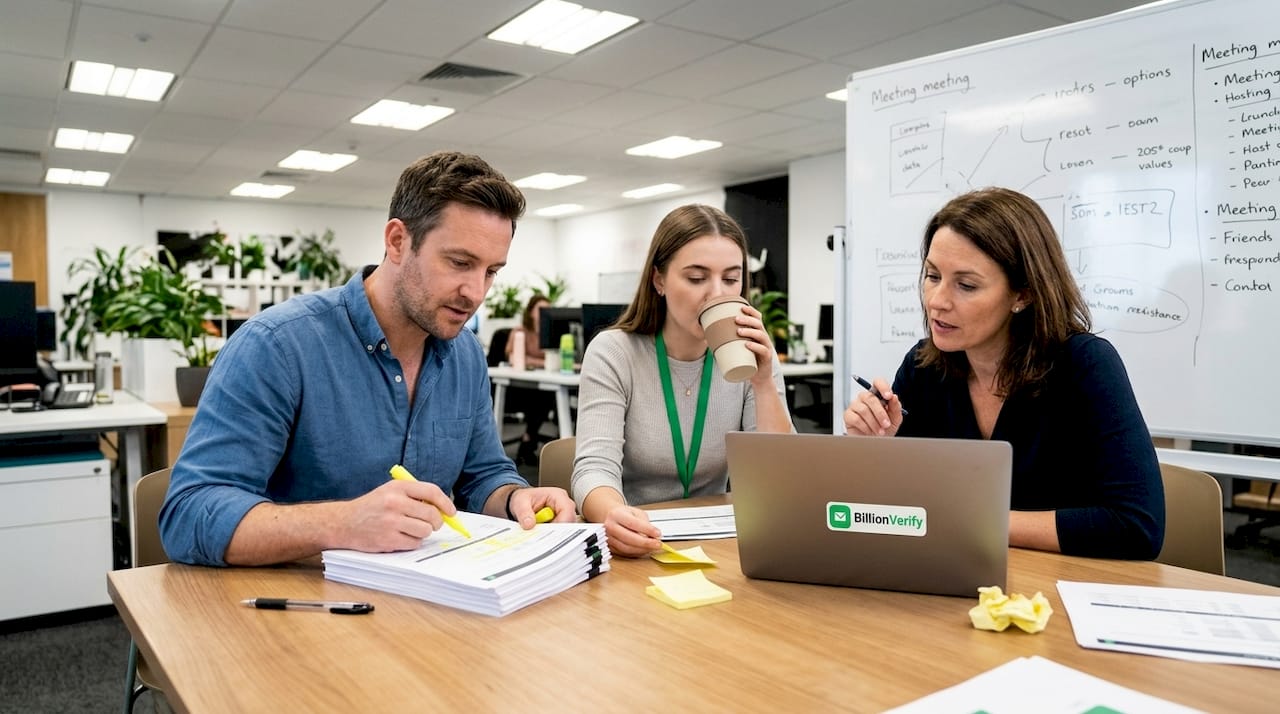 Colleagues reviewing sender reputation metrics together