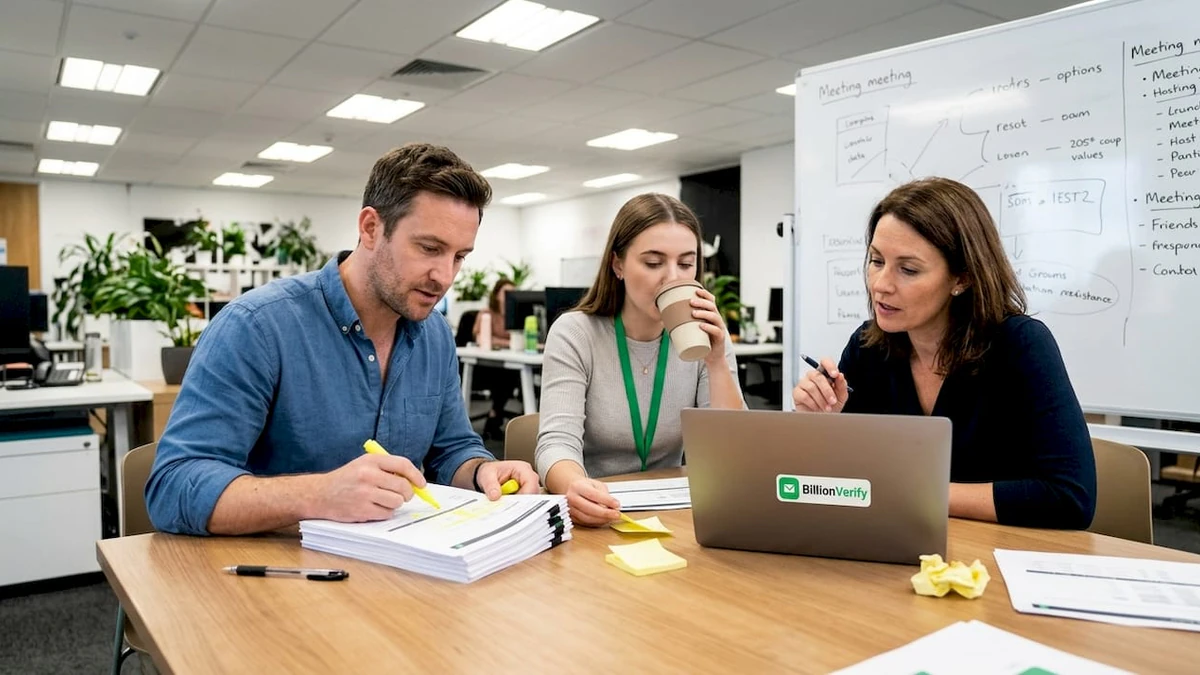 Colleagues reviewing sender reputation metrics together