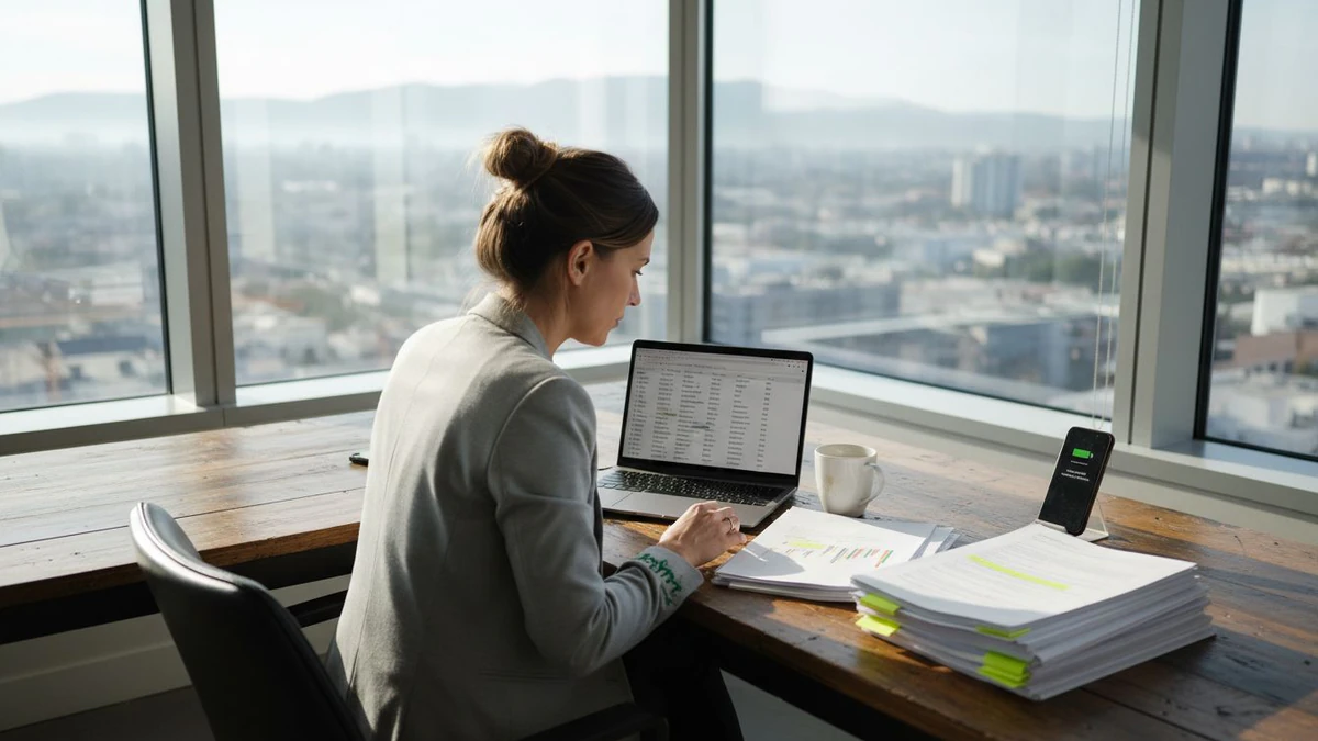 Woman at a high-rise window desk reviewing a list on her laptop beside stacked papers, why clean email lists matter