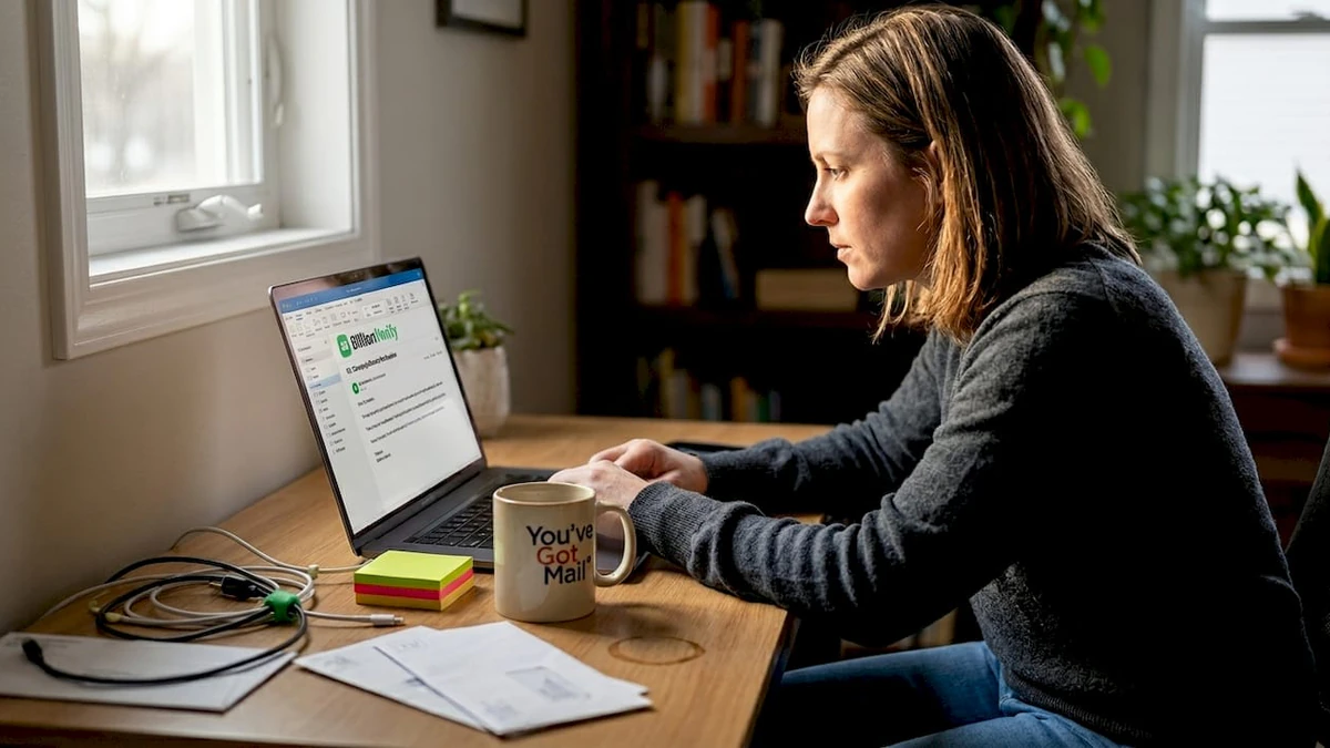 Woman at a home desk reviewing bounced messages on her BillionVerify laptop beside a You've Got Mail mug