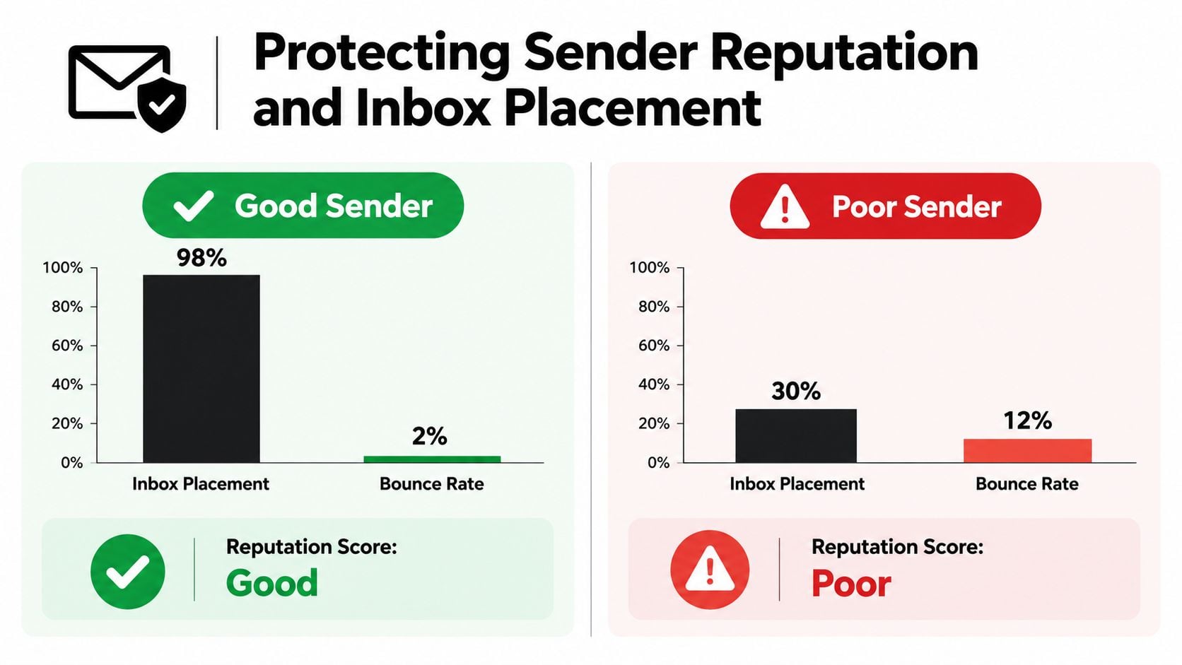 A comparison chart showing how high inbox placement and low bounce rates contribute to a good sender reputation.