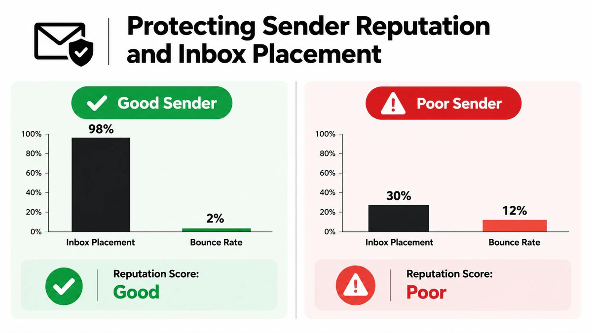 A comparison chart showing how high inbox placement and low bounce rates contribute to a good sender reputation.