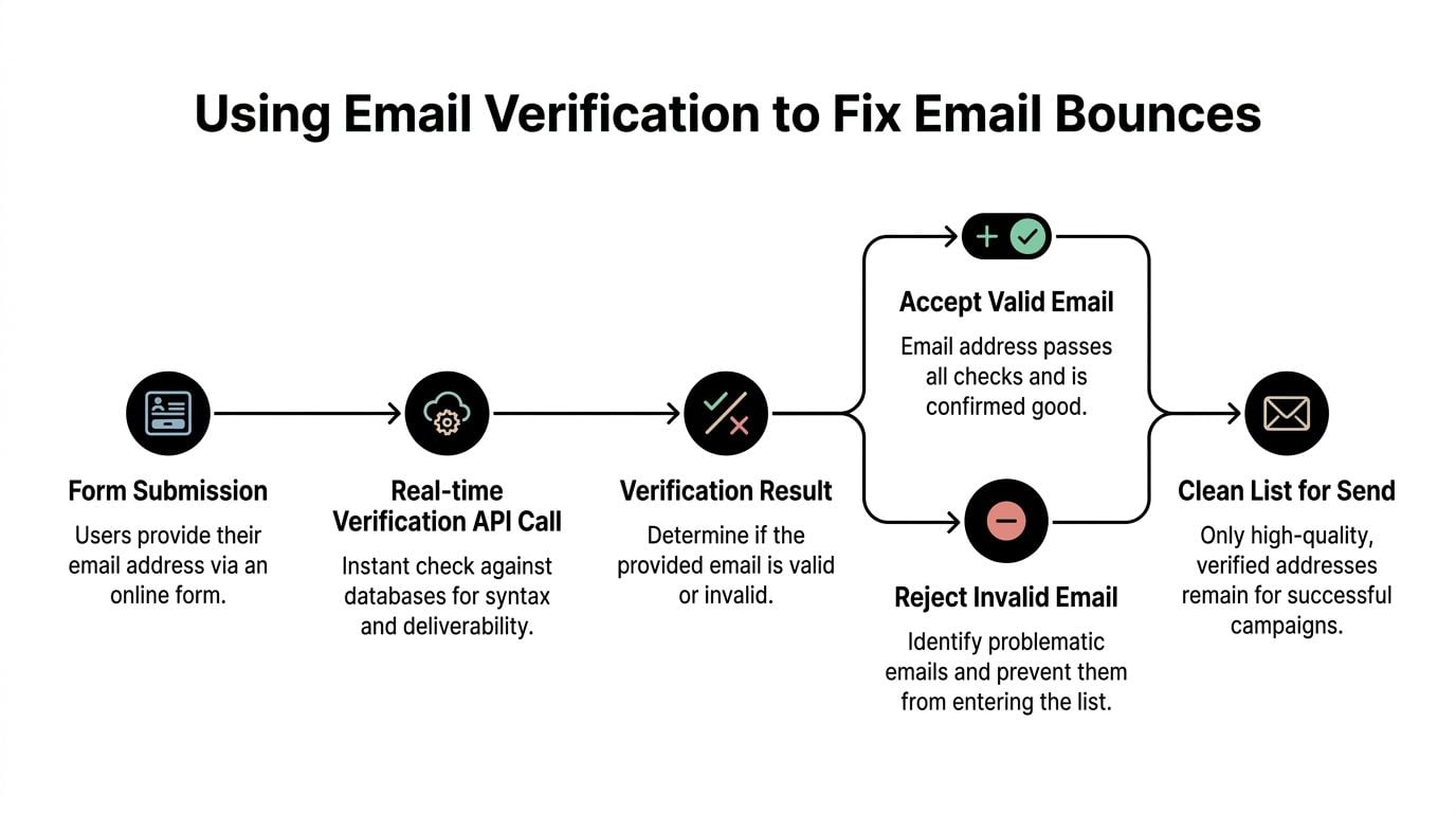 A flow chart illustrating how email verification prevents bounces by checking addresses during online form submissions.