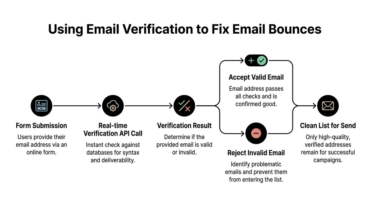 A flow chart illustrating how email verification prevents bounces by checking addresses during online form submissions.
