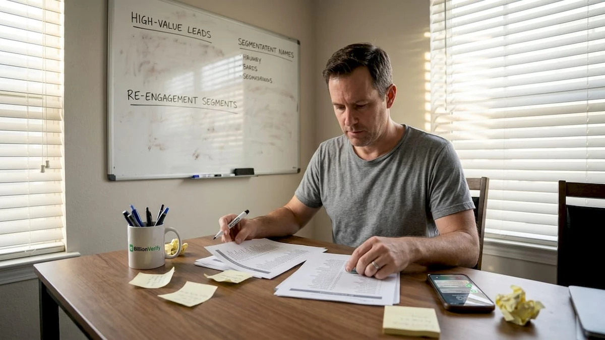 Marketer creating email list segments at desk