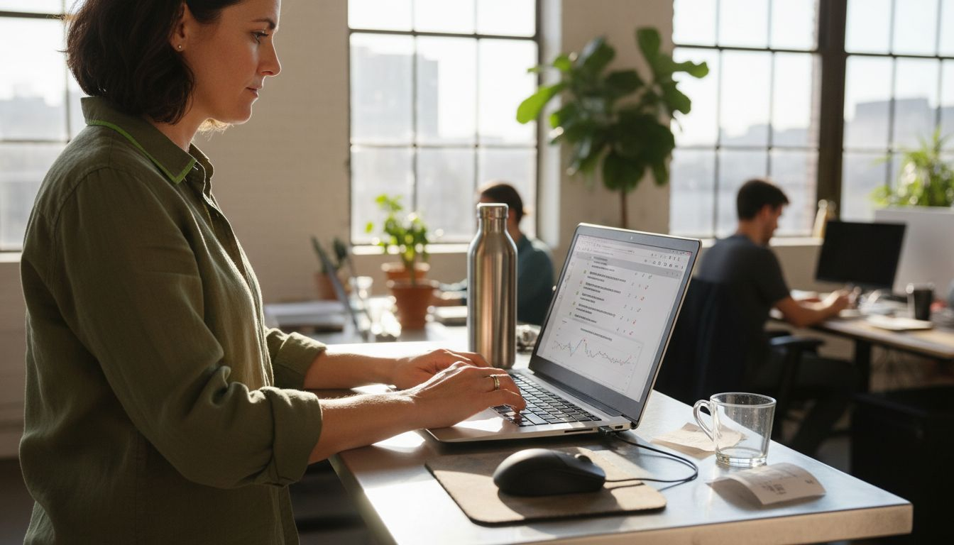 Mulher verificando endereços de email no laptop