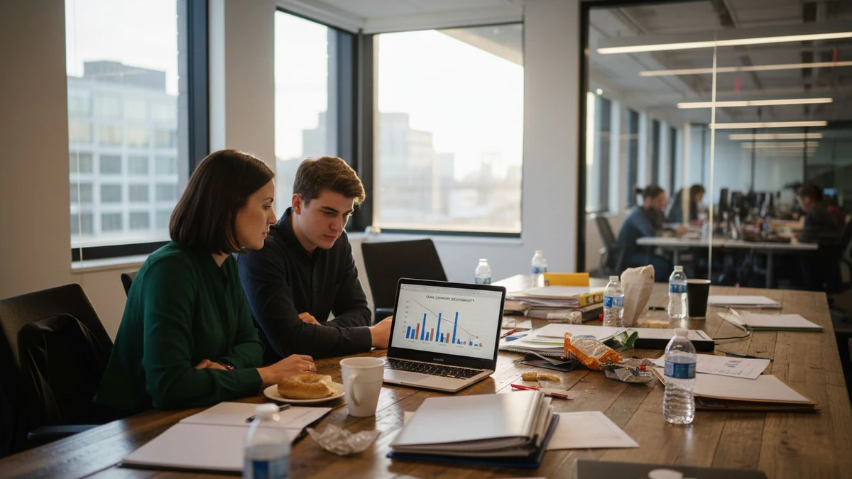 Two colleagues at a busy table reviewing a laptop chart that shows why verify emails