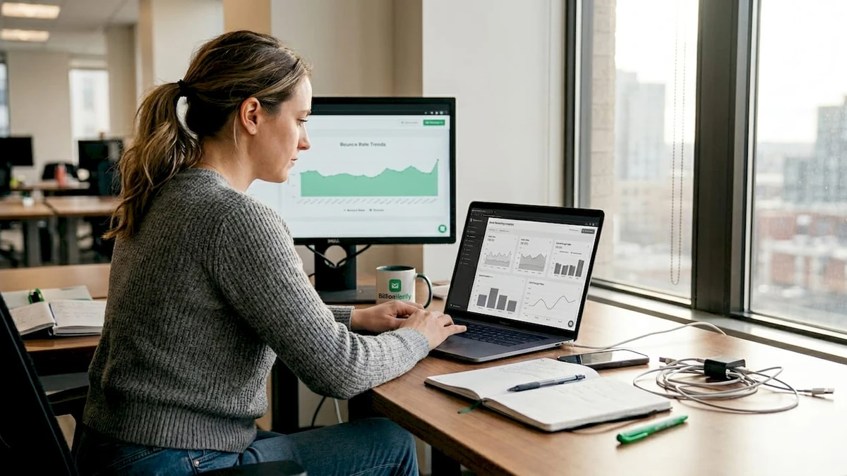 Woman at a corner desk reviewing bounce rate trend charts on a monitor and laptop
