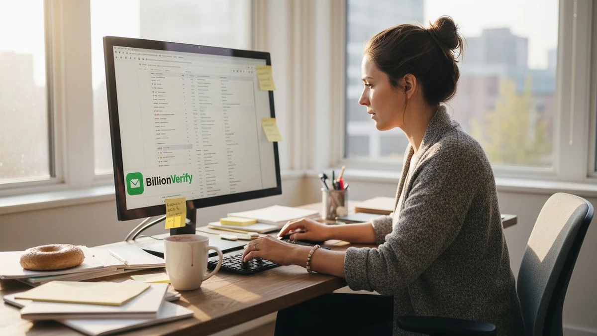 Woman at a sunlit desk reviewing a spreadsheet on a monitor for email testing