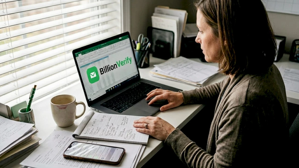 Woman at a cluttered desk with a laptop and notes, planning email list building