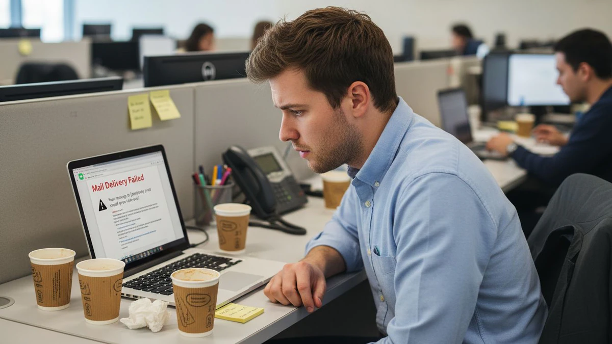 Frustrated office worker staring at a catch-all email delivery failure on his laptop
