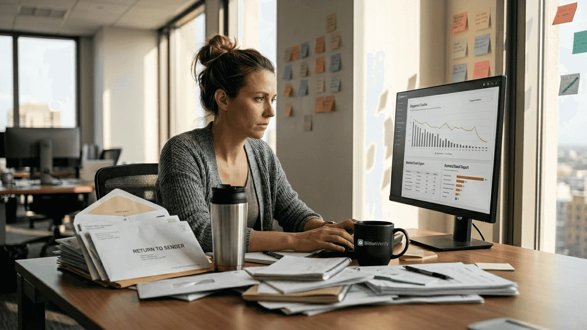 Woman reviewing a bounce report dashboard for an ActiveCampaign review beside return-to-sender mail