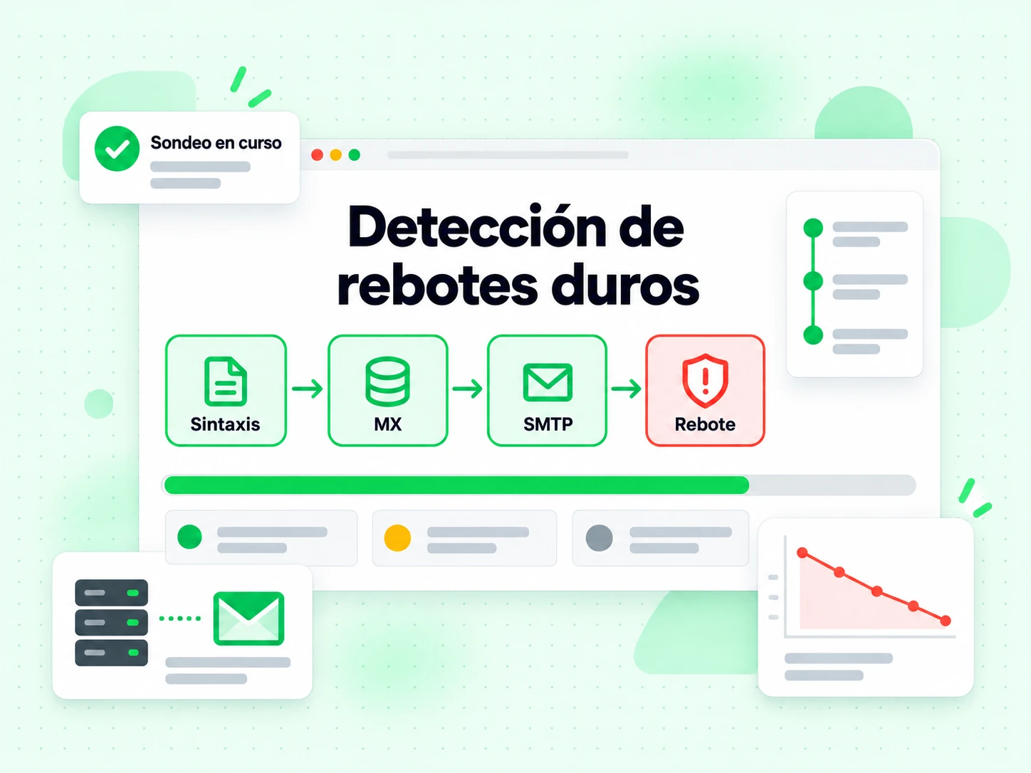 Detección de rebotes duros recorre en una pasada las capas de Sintaxis, MX, SMTP y Rebote con Sondeo en curso