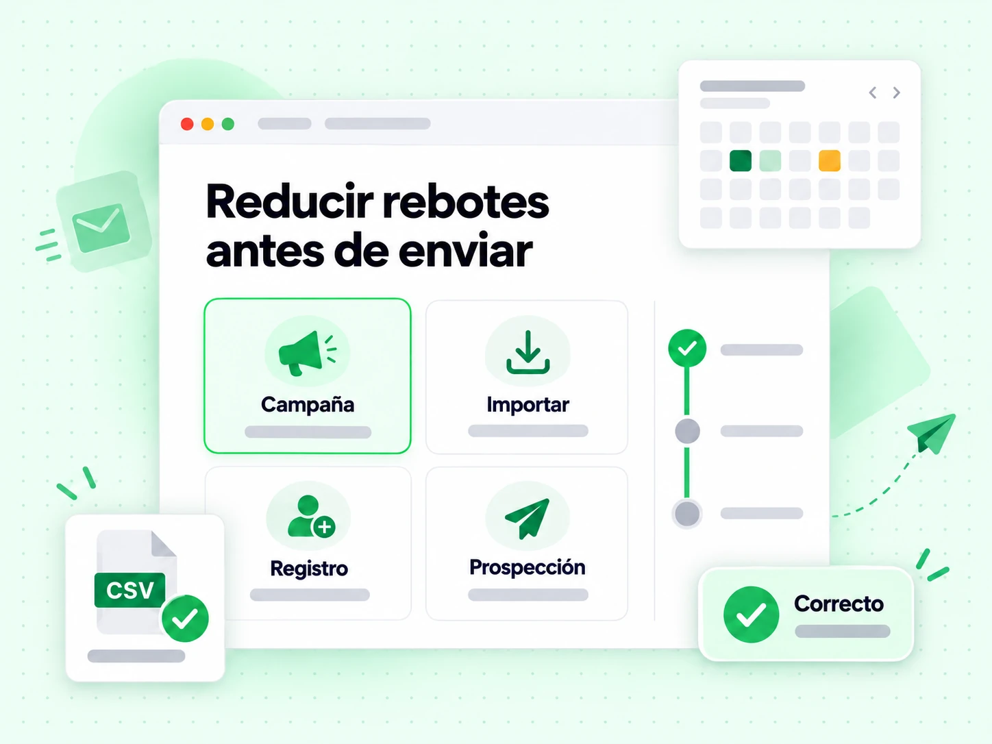 Reducir rebotes antes de enviar aplicado a Campaña, Importar, Registro y Prospección, todo marcado Correcto