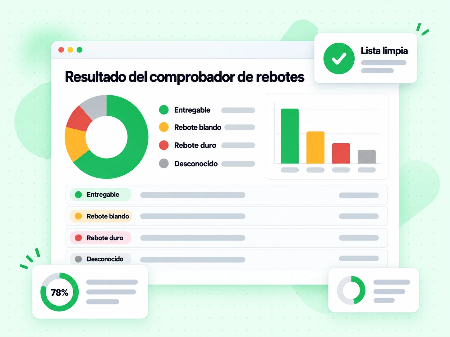Resultado del comprobador de rebotes: Entregable, Rebote blando, Rebote duro y Desconocido con Lista limpia