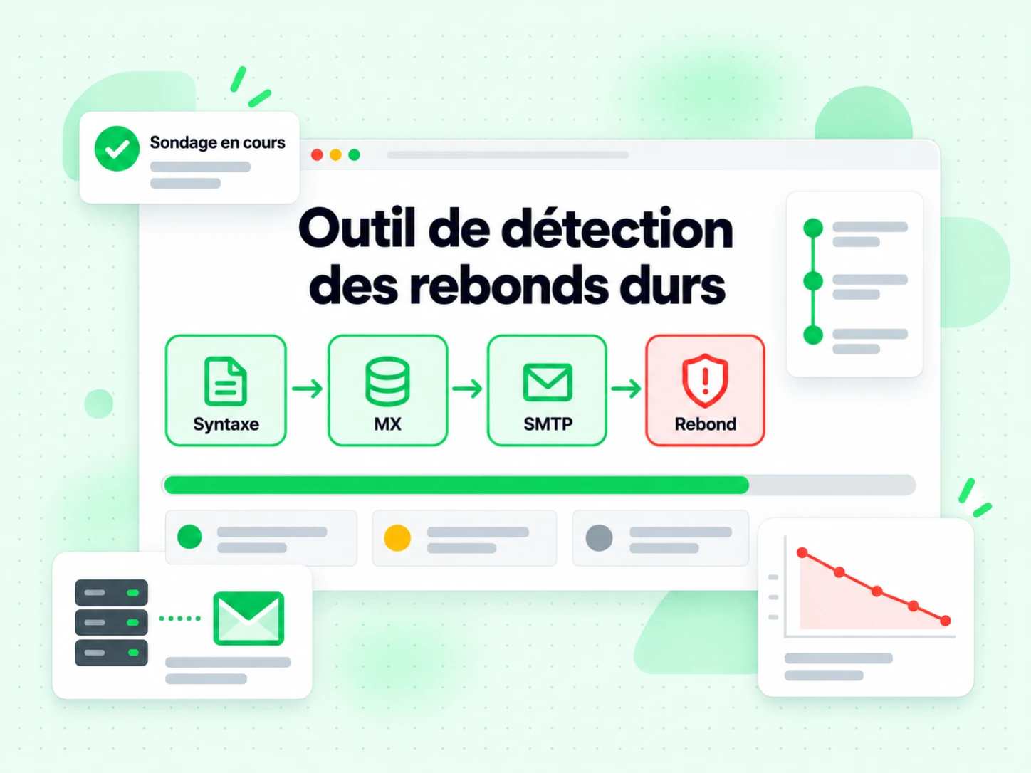 Outil de détection des rebonds durs : interface avec Syntaxe, MX, SMTP, Rebond, Sondage en cours