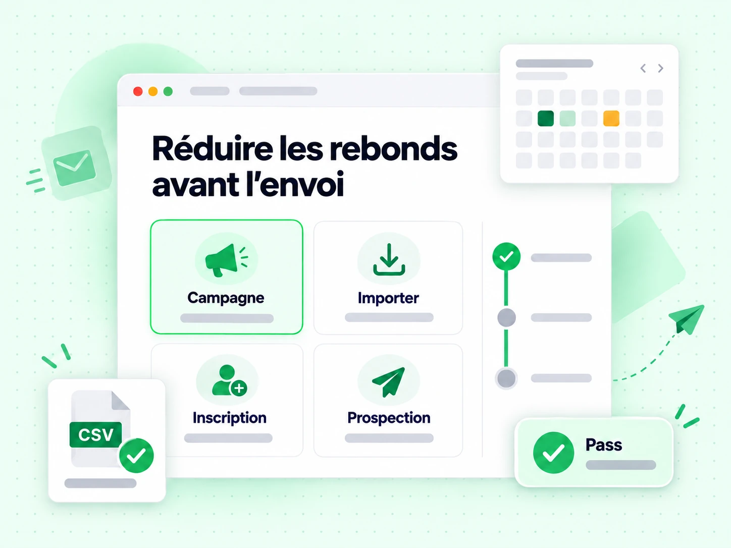 Réduire les rebonds avant l'envoi : interface avec Campagne, Importer, Inscription, Prospection, Validé