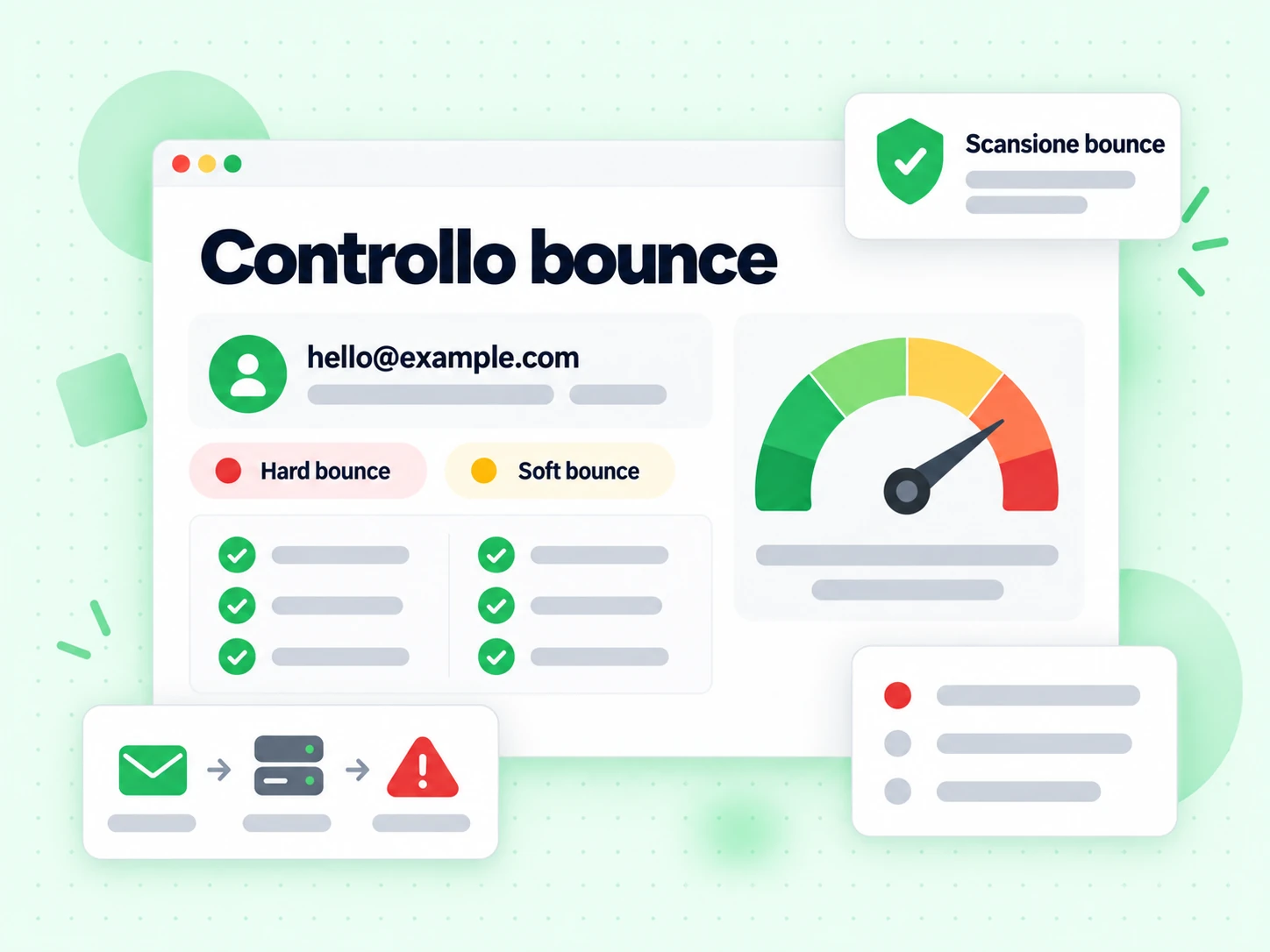 Controllo bounce: un indirizzo email accanto ai flag Hard bounce e Soft bounce