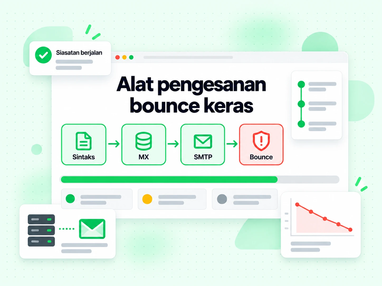 Alat pengesanan bounce keras menjalankan lapisan Sintaks, MX dan SMTP dalam satu larian siasatan.