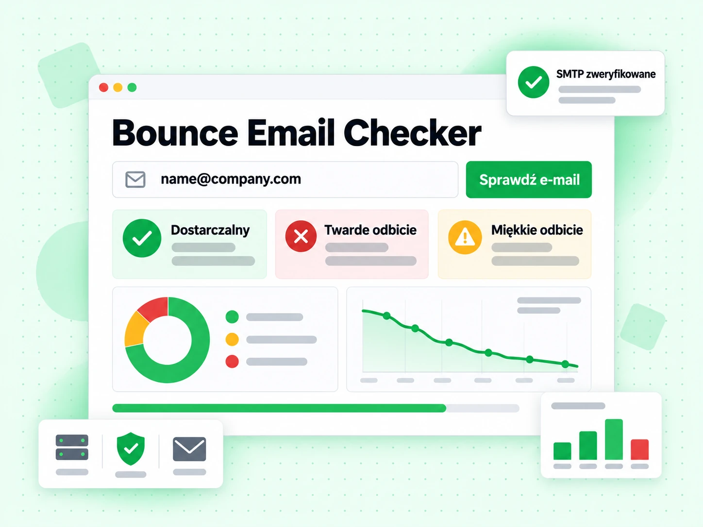 Bounce Email Checker: pole e-mail, przycisk Sprawdź e-mail i zielony wynik Dostarczalny