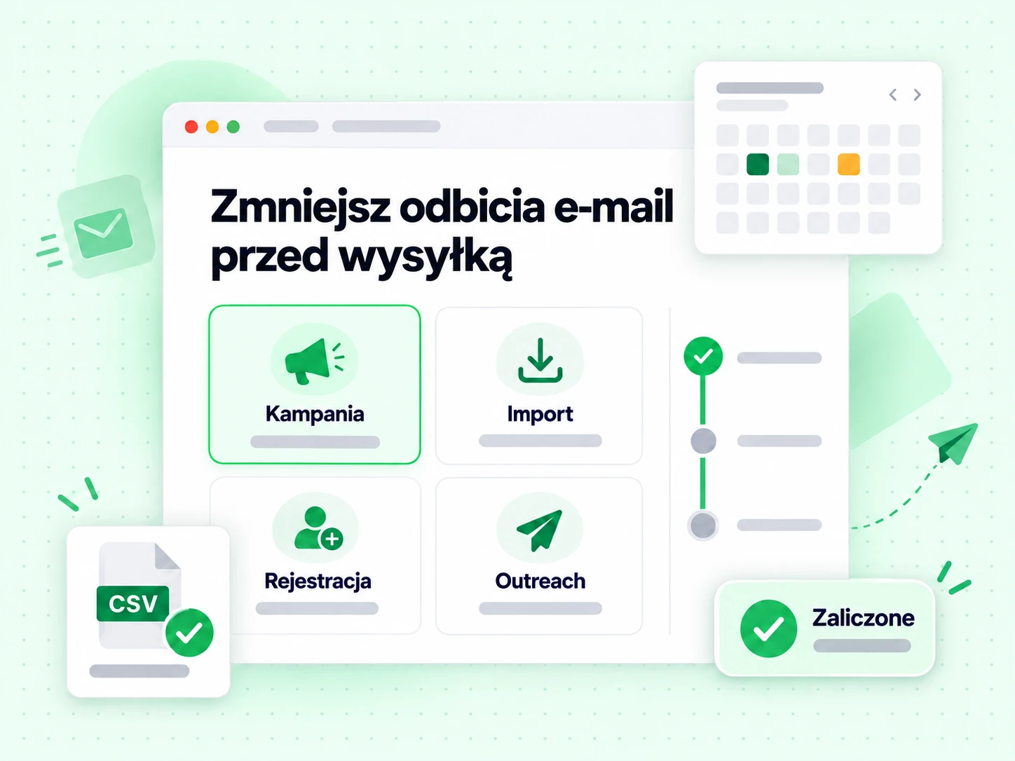 Zmniejsz odbicia e-mail przed wysyłką: Kampania, Import, Rejestracja i Outreach