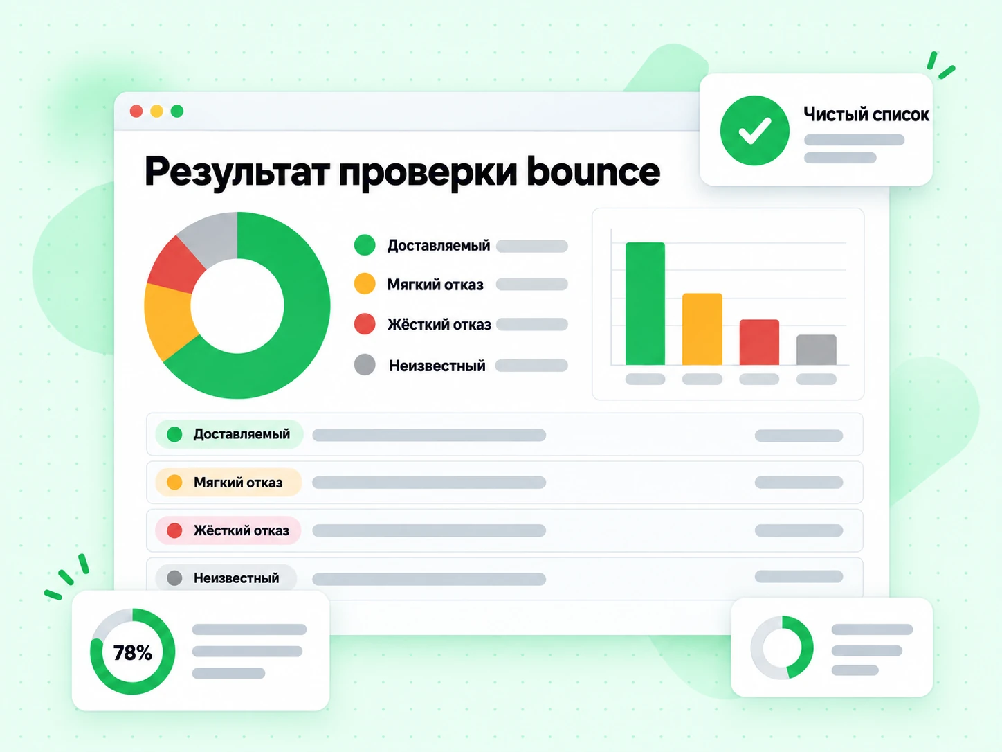 Результат проверки bounce: панель со статусами доставляемый, мягкий отказ, жёсткий отказ и неизвестный