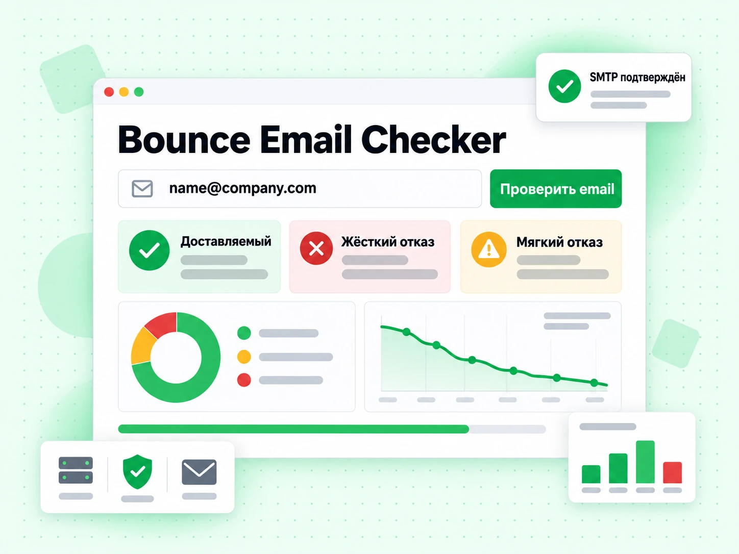 Bounce Email Checker: форма с полем email, кнопкой проверки и результатом Доставляемый с зелёной галочкой