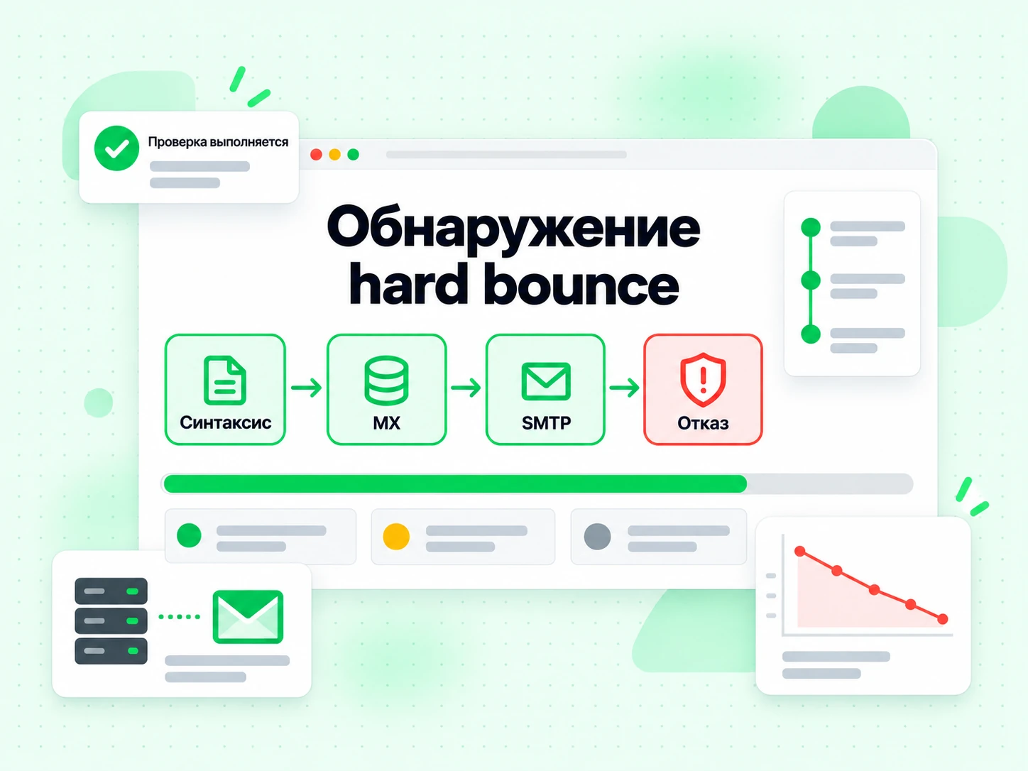 Обнаружение hard bounce за один проход проверяет синтаксис, MX, SMTP и признаки отказа