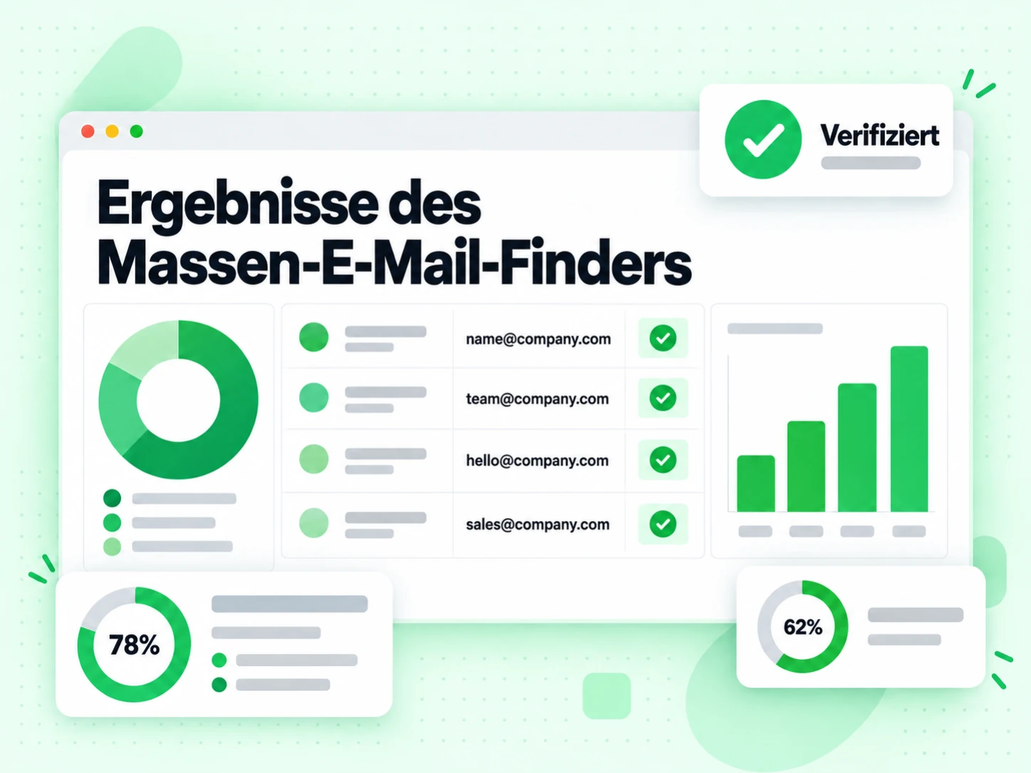 Ergebnisse des Massen-E-Mail-Finders zeigt eine Tabelle mit verifizierten E-Mails in jeder Zeile