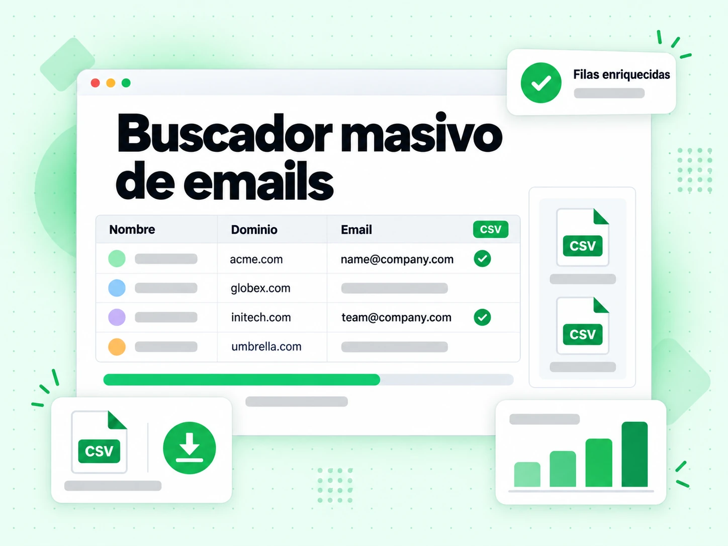 Buscador masivo de emails rellena una lista CSV con Nombre y Dominio hasta obtener Filas enriquecidas
