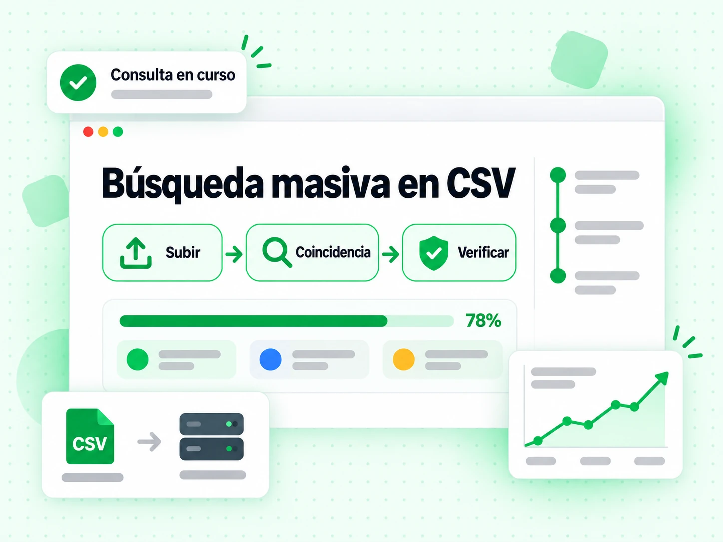 Búsqueda masiva en CSV: Subir el archivo, Coincidencia de datos, Verificar cada email y una Consulta en curso