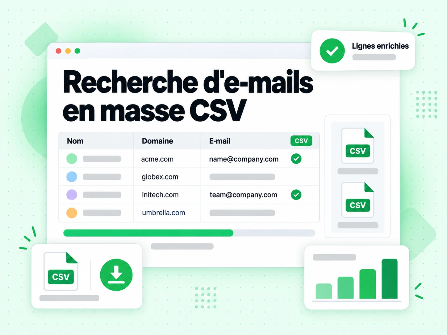 Recherche d'e-mails en masse CSV : interface avec Nom, Domaine, E-mail, CSV, Lignes enrichies