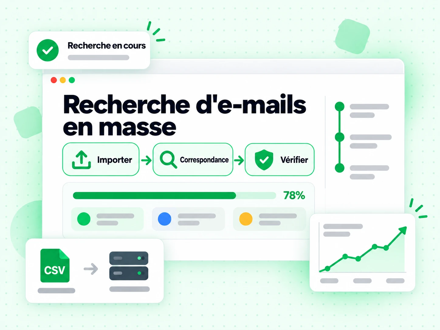 Recherche d'e-mails en masse : interface avec Importer, Correspondance, Vérifier, Recherche en cours