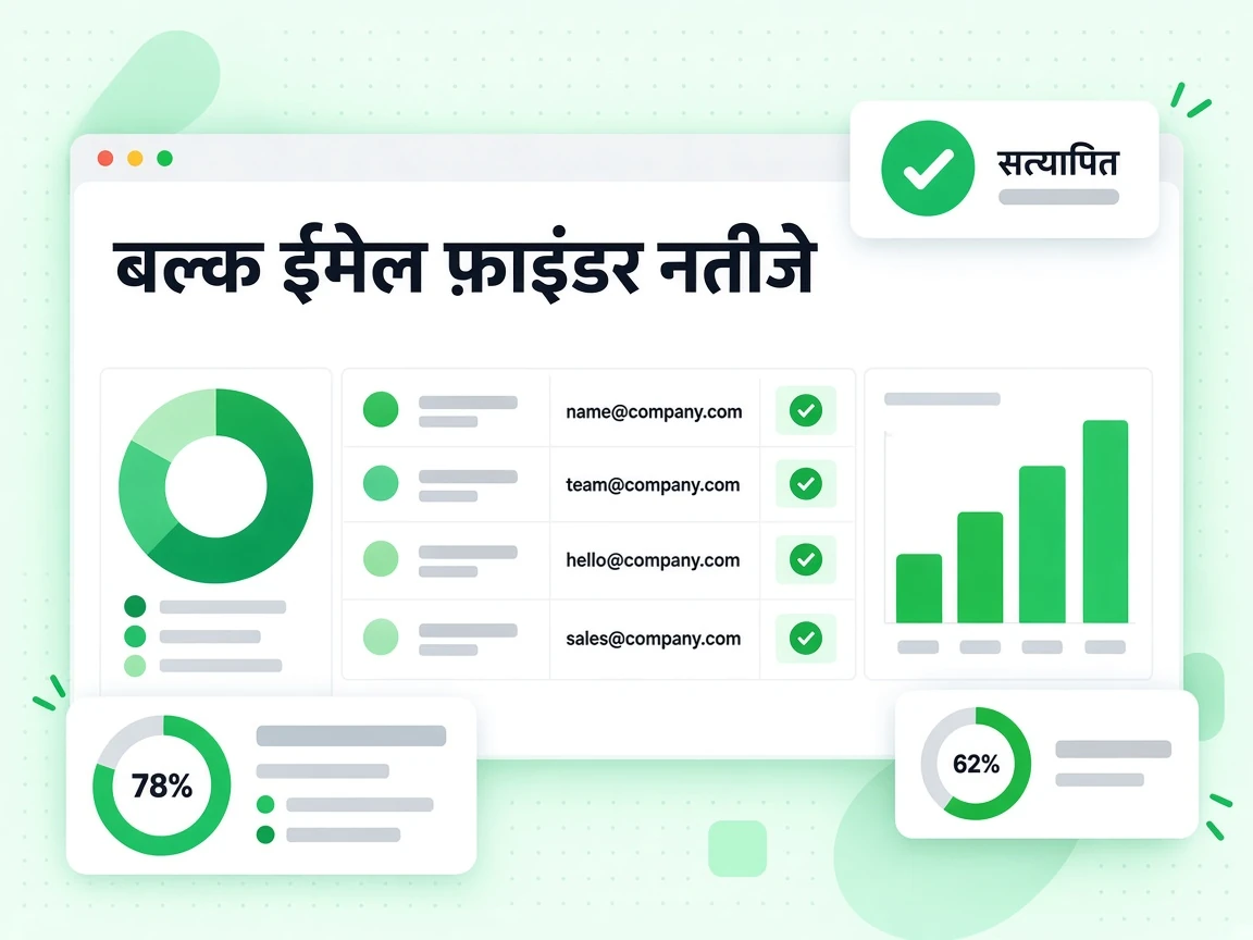 बल्क ईमेल फ़ाइंडर नतीजे तालिका में हर पंक्ति में सत्यापित वर्क ईमेल