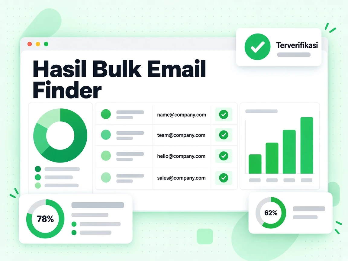 Hasil Bulk Email Finder: tabel dengan email kerja terverifikasi di setiap baris