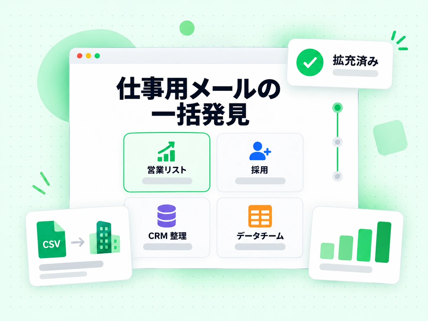 営業リスト、採用、CRM 整理、データチーム向けに拡充済みを示す仕事用メールの一括発見。