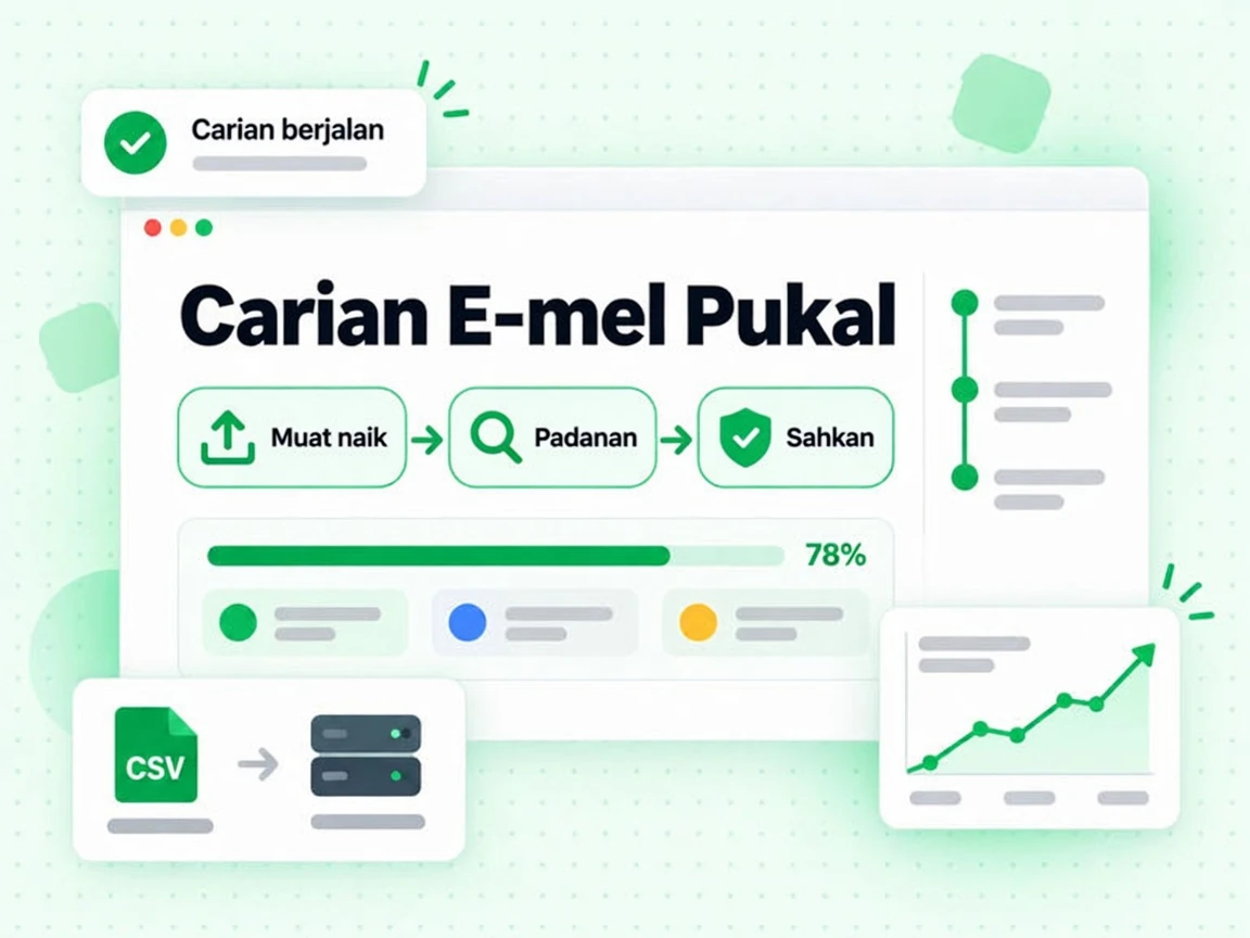 Carian E-mel Pukal: Muat naik CSV, kemudian Padanan dan Sahkan, dengan status Carian berjalan