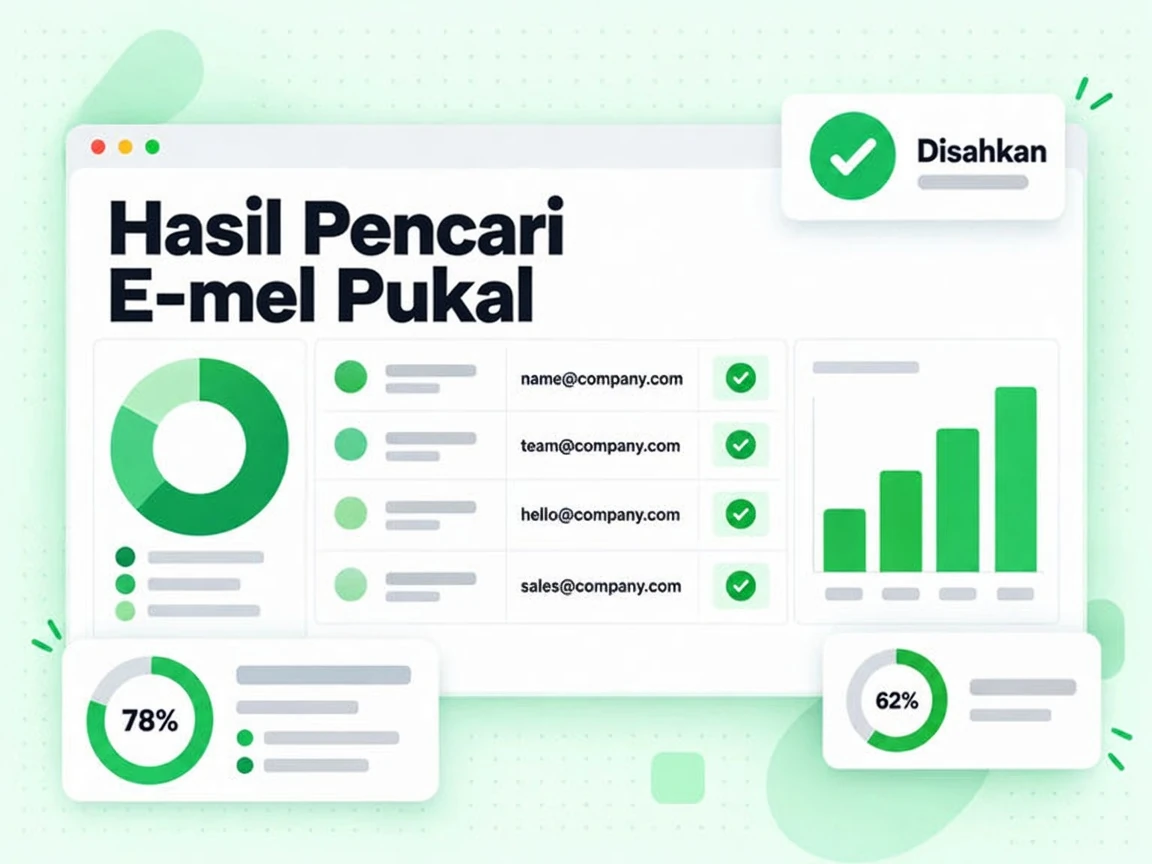 Jadual Hasil Pencari E-mel Pukal memaparkan e-mel kerja Disahkan pada setiap baris