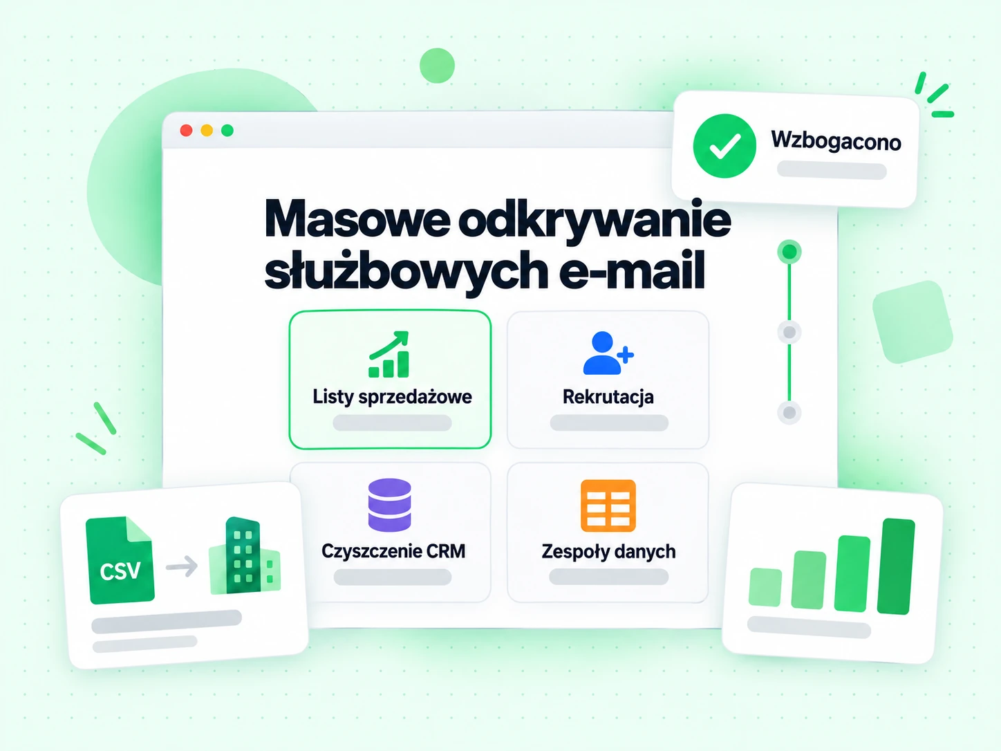 Masowe odkrywanie służbowych e-mail dla list sprzedażowych, rekrutacji i czyszczenia CRM z wynikiem Wzbogacono
